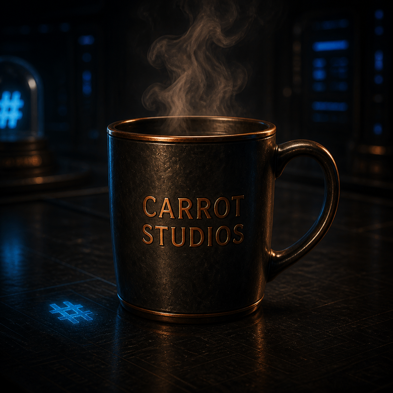 Black Carrot Studios coffee mug with copper lettering
